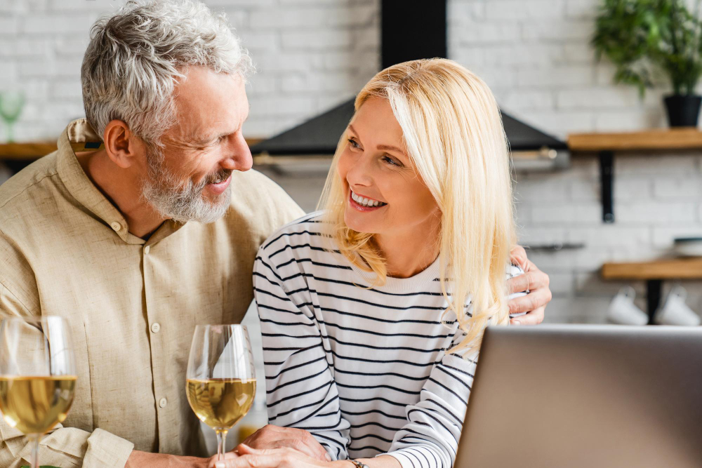 couple senior qui se regarde en souriant avec un verre de vin